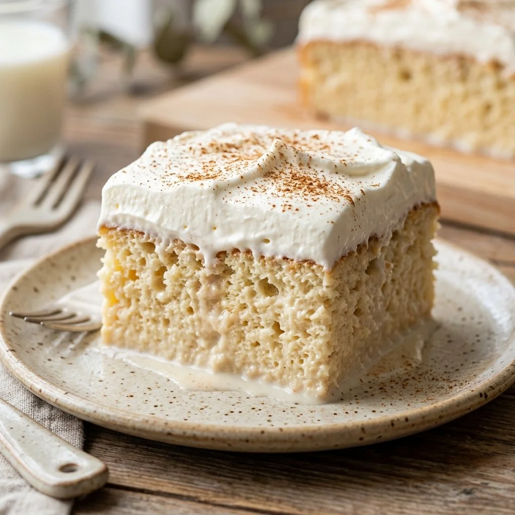 Delicious slice of Tres Leches Cake topped with whipped cream and berries.