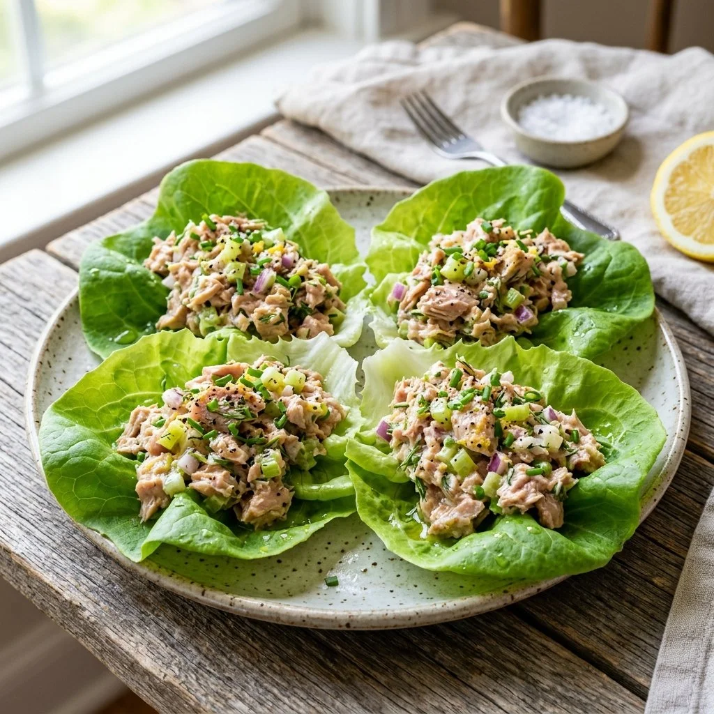 Tuna lettuce wraps filled with fresh ingredients on a plate