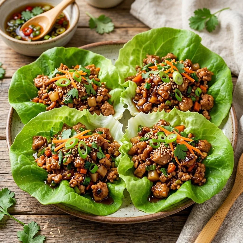 Healthy turkey lettuce wraps with fresh vegetables and spices.