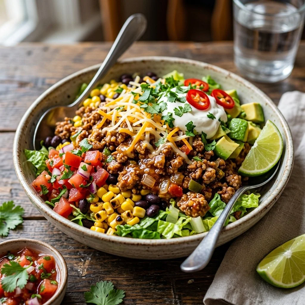 Delicious Turkey Taco Bowls topped with fresh ingredients and spices