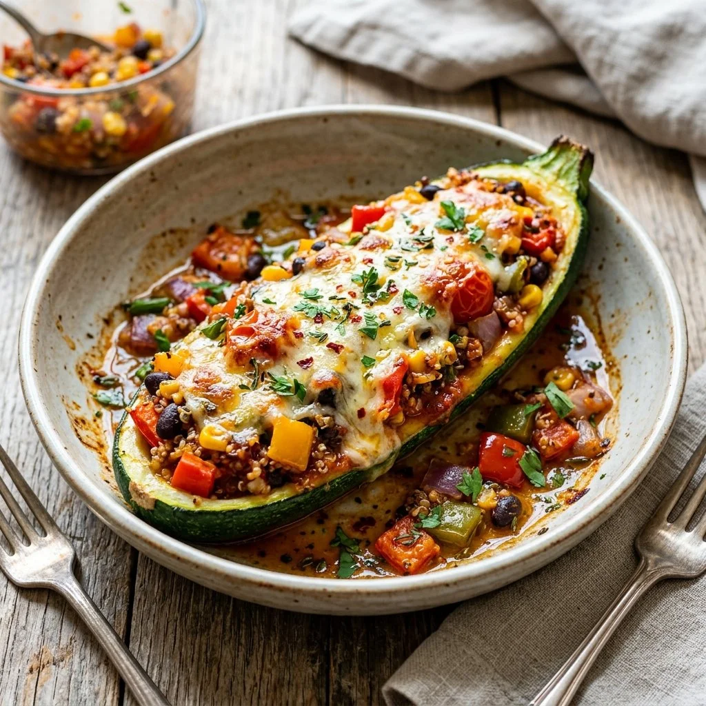 Deliciously baked vegetarian stuffed zucchini filled with fresh ingredients.