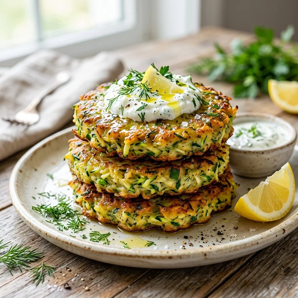 Crispy zucchini fritters served on a plate with a dipping sauce